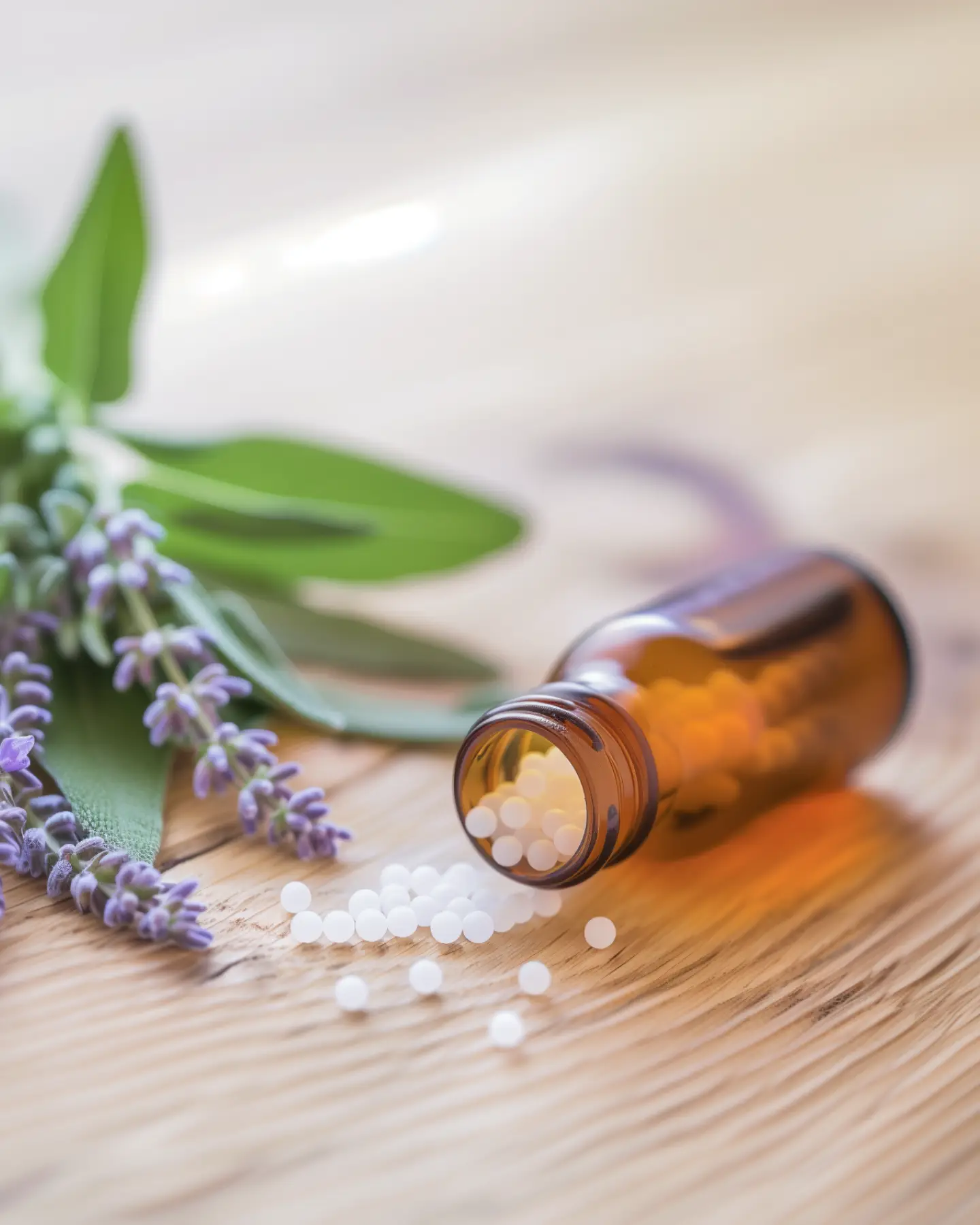 Een glazen fles met homeopathische korrels op een houten oppervlak.